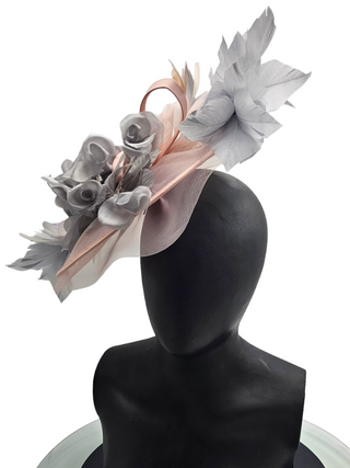 Katrine- Grey flowers with blush veil fascinator and cream leather twirls