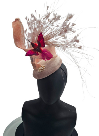 Mia- Pink derby fascinator with pearls and humming bird