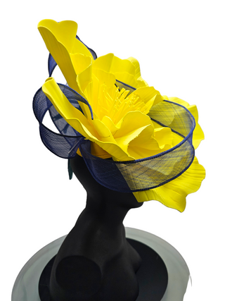Mariana- Large flower fascinator with blue twirls and feathers