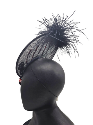 Claris- subtle yet loud fascinator with rich red and black work motif