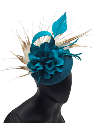Annamarie- Teal classic fascinator with white and gold feathers