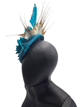 Annamarie- Teal classic fascinator with white and gold feathers