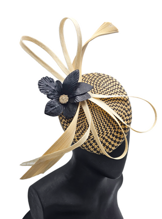 Josie- Black leather flower fascinator with cream twirls