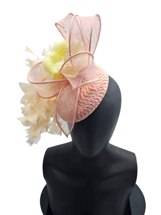 Maya- Pink fascinator base with yellow flower and peach trim