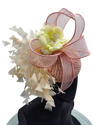 Maya- Pink fascinator base with yellow flower and peach trim