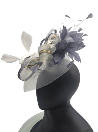 Ruby- grey and silver veil fascinator with grey feathers and pearls