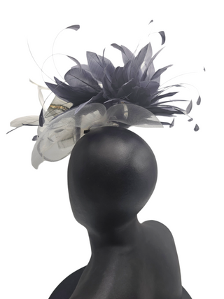 Ruby- grey and silver veil fascinator with grey feathers and pearls