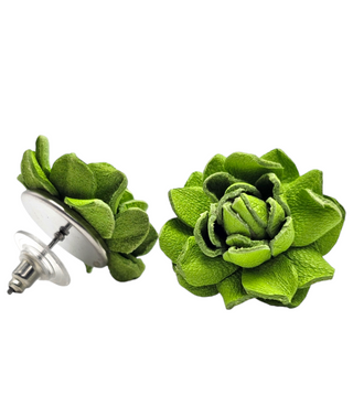 Daniele- Bright Green Leather Flower Stud Earrings