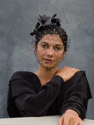 Whitney- elegant black veiled fascinator with leather flowers