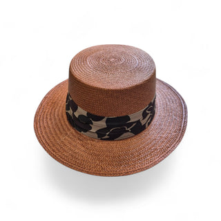 Sienna Boater Straw Sun Hat with Printed Band – Unisex Boater Resort Hat