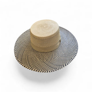 Ivory & Black Chevron Boater Straw Sun Hat – Flat Crown Wide Brim Resort Hat for Women
