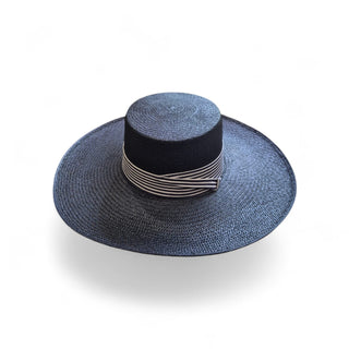 Midnight Wide Brim Boater Straw Hat with Stripe Band – Flat Crown Luxury Hat for Women