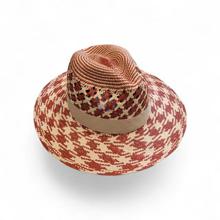 Rust & Ivory Woven Pattern Fedora Straw Sun Hat – Artisanal Luxury Hat for Women