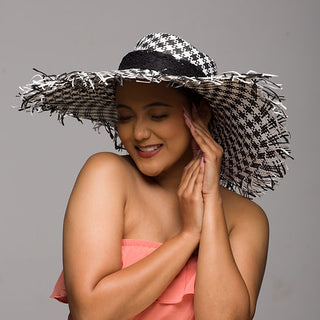 black and white sun hat raffia fringe 