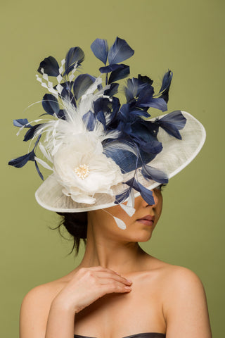 blue and beige hat