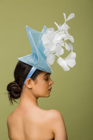 blue and white derby hat fascinator