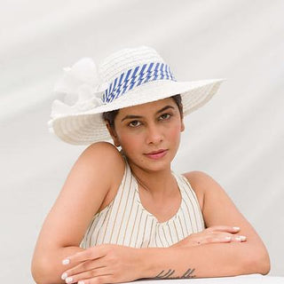 blue and white hat