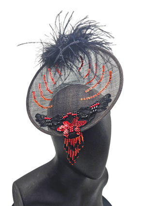 derby black fascinator red sequence embroidery