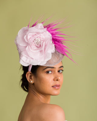 fascinator with pink clutch nude silver heels