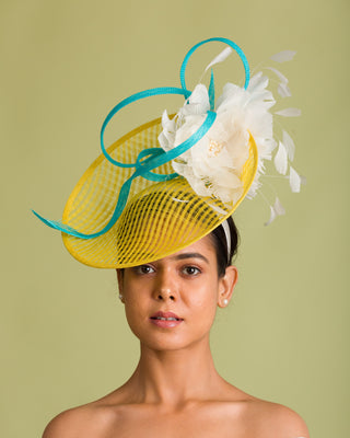 pastel aqua blue trim yellow fascinator