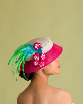 pink derby hat for blue dress