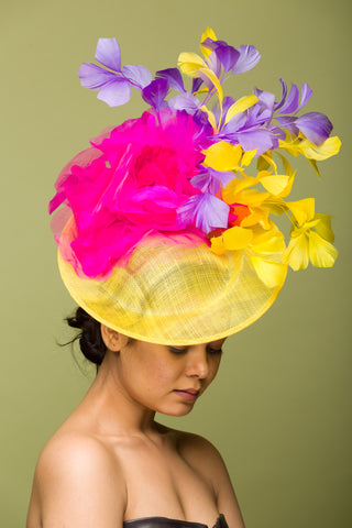 pink yellow blue fascinator